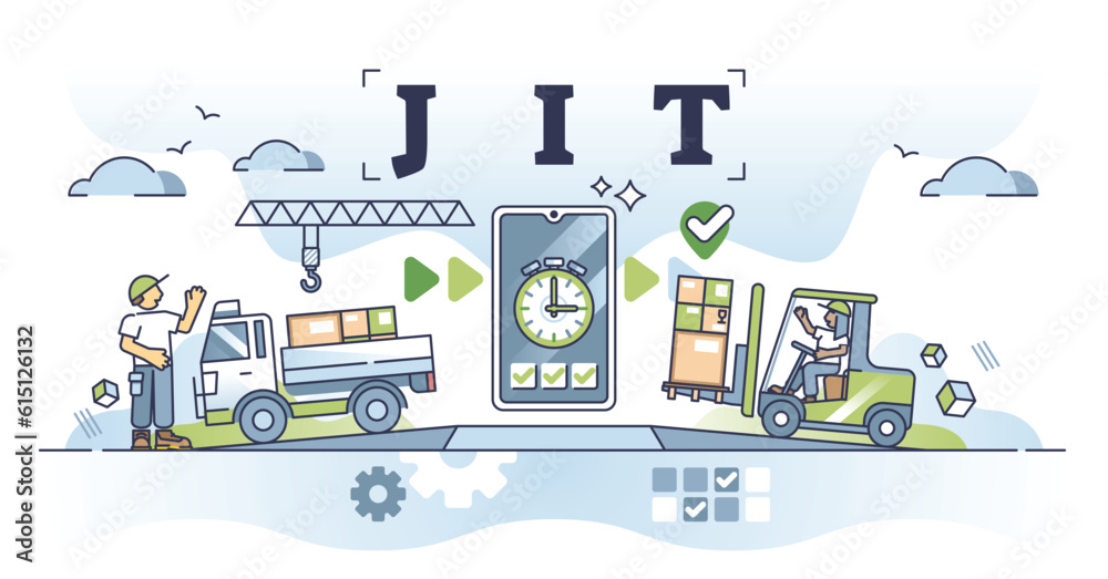 JIT or just in time delivery and warehouse management system outline concept. Lean manufacturing strategy with effective logistics planning from supply chain to fast shipping vector illustration.