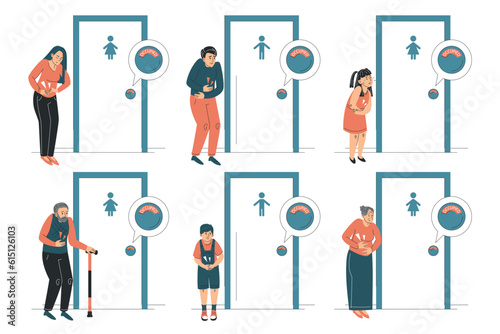 People with diarrhea standing at closed toilet door set vector isolated. Pain in belly, stomachache. Occupied public restroom. Women and men suffer from pain in belly.,