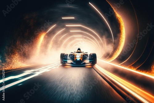 Sport racing car at high speed riding in illuminated road tunnel with neon lights ,made with Generative AI