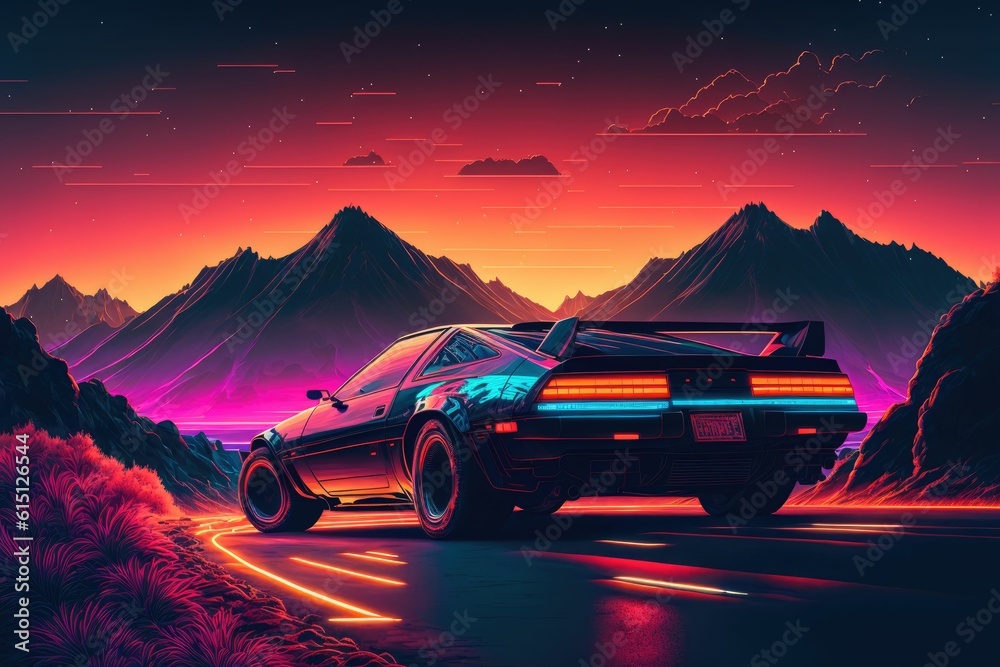 Synthwave illustration of retro futuristic car on city street in neon colors ,made with Generative AI