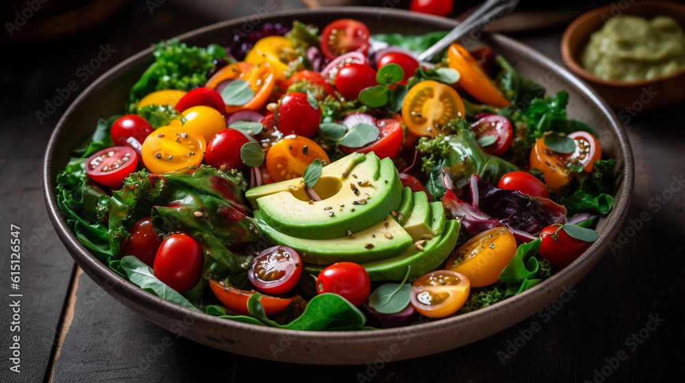 A bowl of colorful and nutritious salad with mixed greens, cherry tomatoes, and avocado slices A bowl of colorful and nutritious salad with mixed greens, cherry tomatoes, and avocado slices