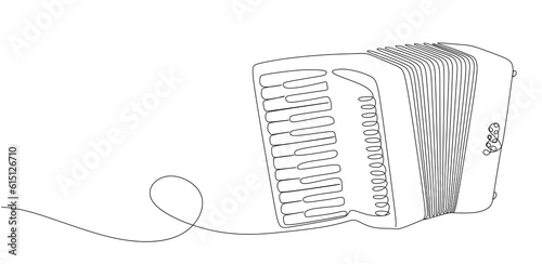 One continuous line drawing of musical instrument accordion isolated on white background with place for text. Hand drawn classical bayan music instrument. Vector illustration photo
