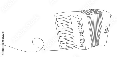 One continuous line drawing of musical instrument accordion isolated on white background with place for text. Hand drawn classical bayan music instrument. Vector illustration