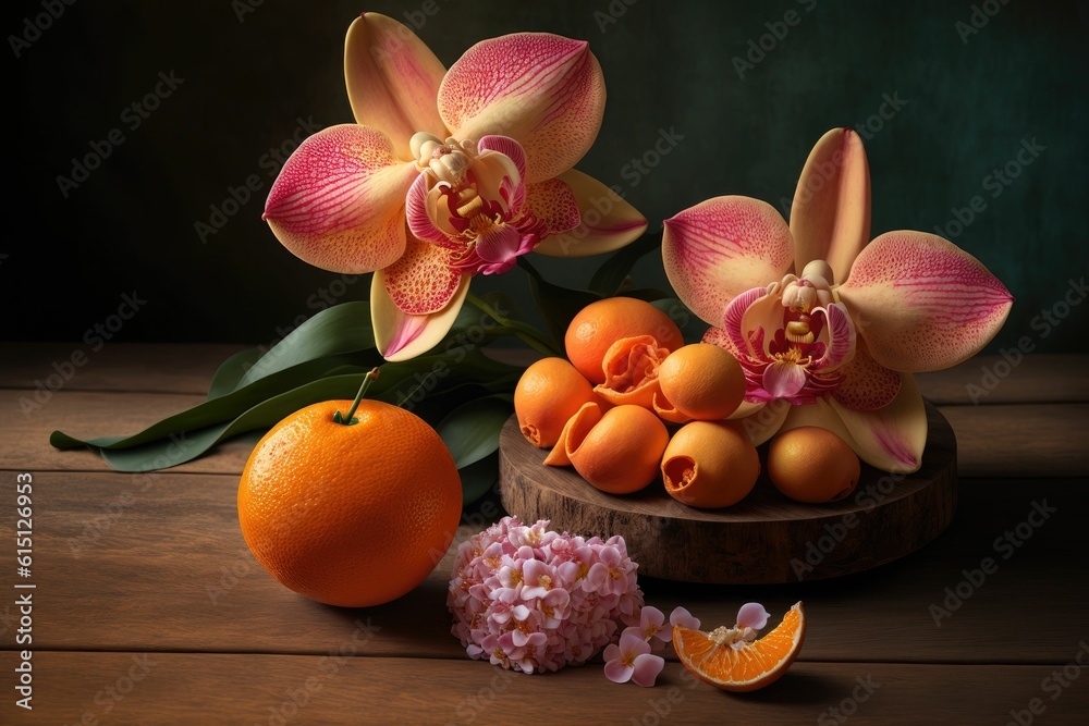 Natural wooden tabletop with an arrangement of oranges ,made with Generative AI Natural wooden tabletop with an arrangement of oranges ,made with Generative AI