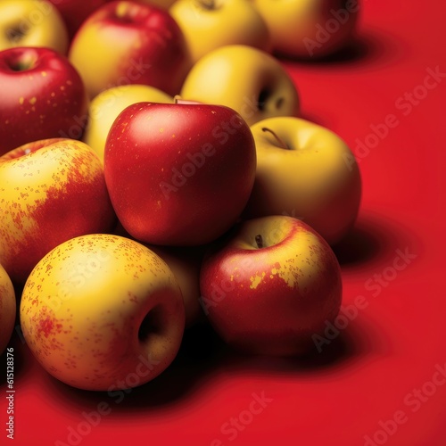 Shiny red and yellow apples on red background ,made with Generative AI