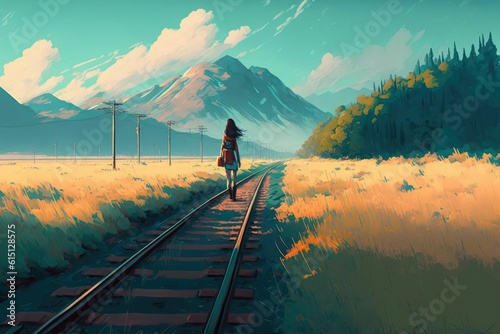 Adventurer girl walking down a train track, japanese landscape ,made with Generative AI