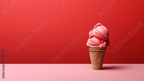 Minimalist red strawberry ice cream background with copy space.