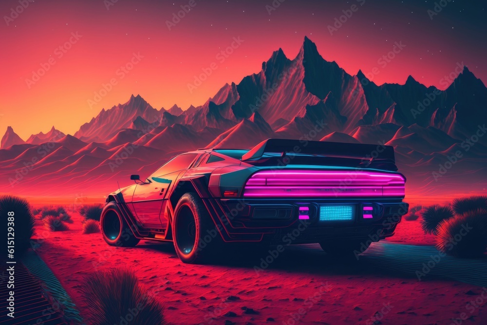 Synthwave illustration of retro futuristic car on city street in neon colors ,made with Generative AI
