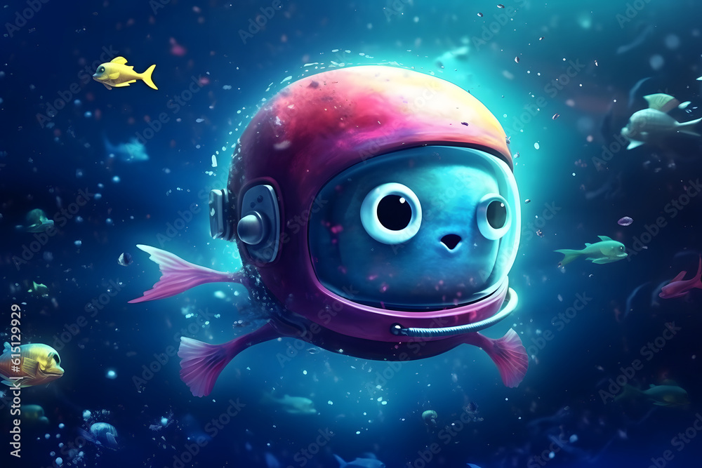 Cute cartoon animal floating in space. Generative AI