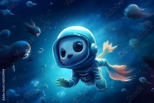 Cute cartoon animal floating in space. Generative AI