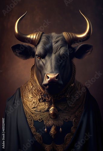 Portrait of a sophisticated black bull in formal attire ,made with Generative AI