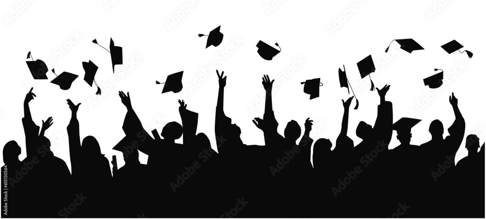 Graduated from university and college. Crowd of graduates in mantles, throwing up graduation caps - obrazy, fototapety, plakaty 