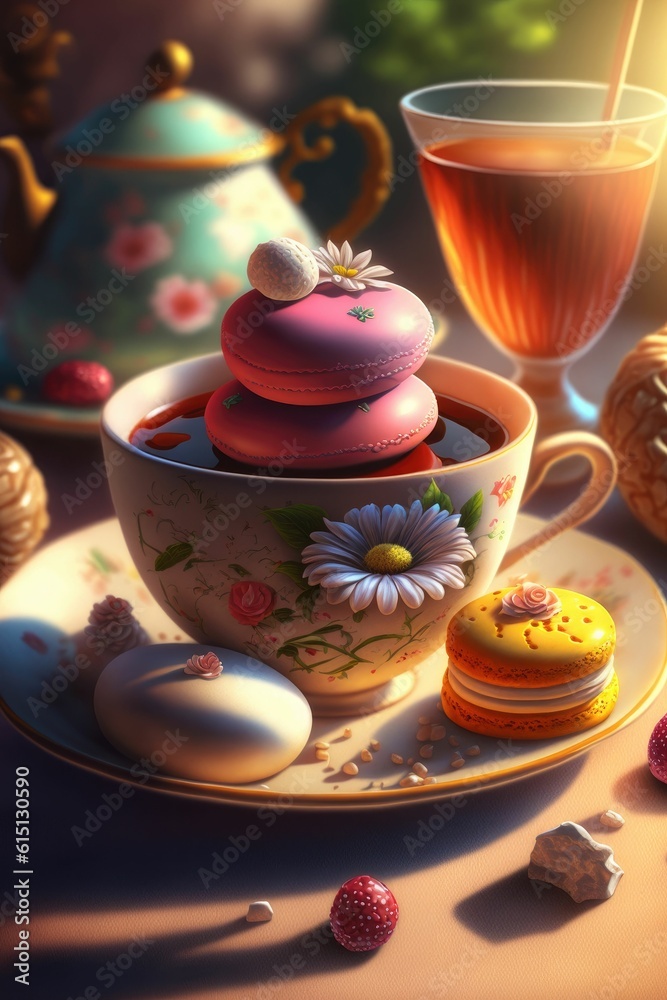 Cup of tea with sweets on a wooden table, vintage teacup ,made with Generative AI Cup of tea with sweets on a wooden table, vintage teacup ,made with Generative AI