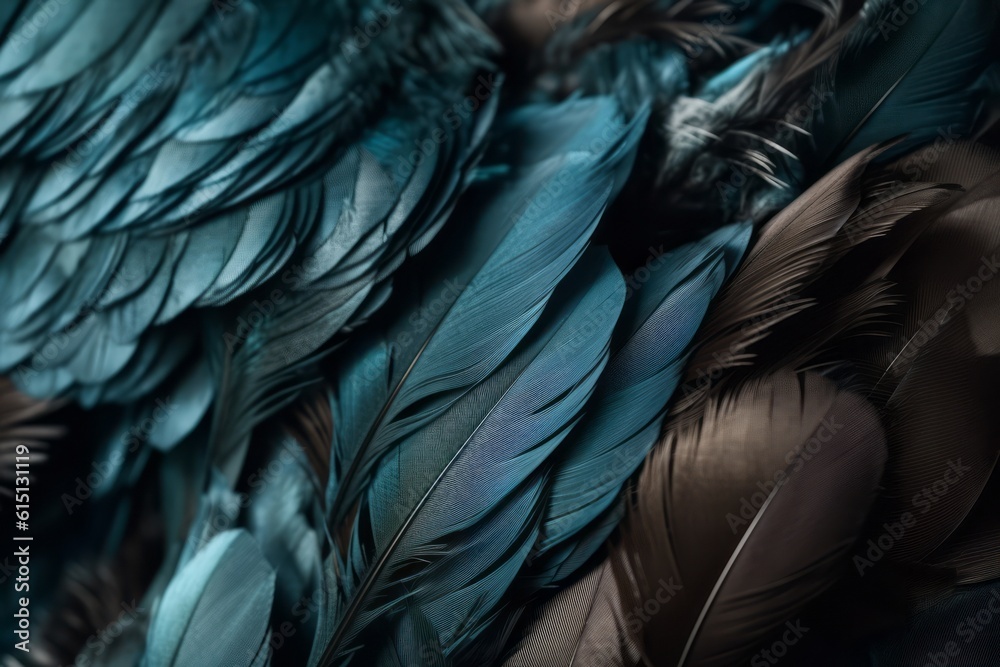 Close-up of blue and black feathers background. Generative AI Close-up of blue and black feathers background. Generative AI