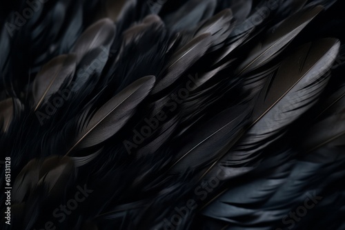  Close-up of black feathers background. Generative AI © KaterynaVS