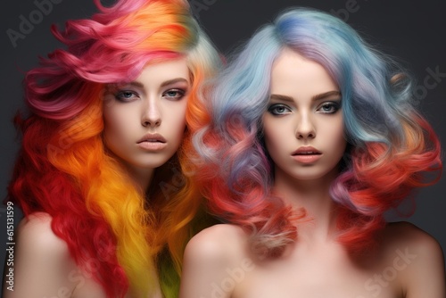 Portrait of two woman with bright colored hair. Professional hair coloring. Generative ai image