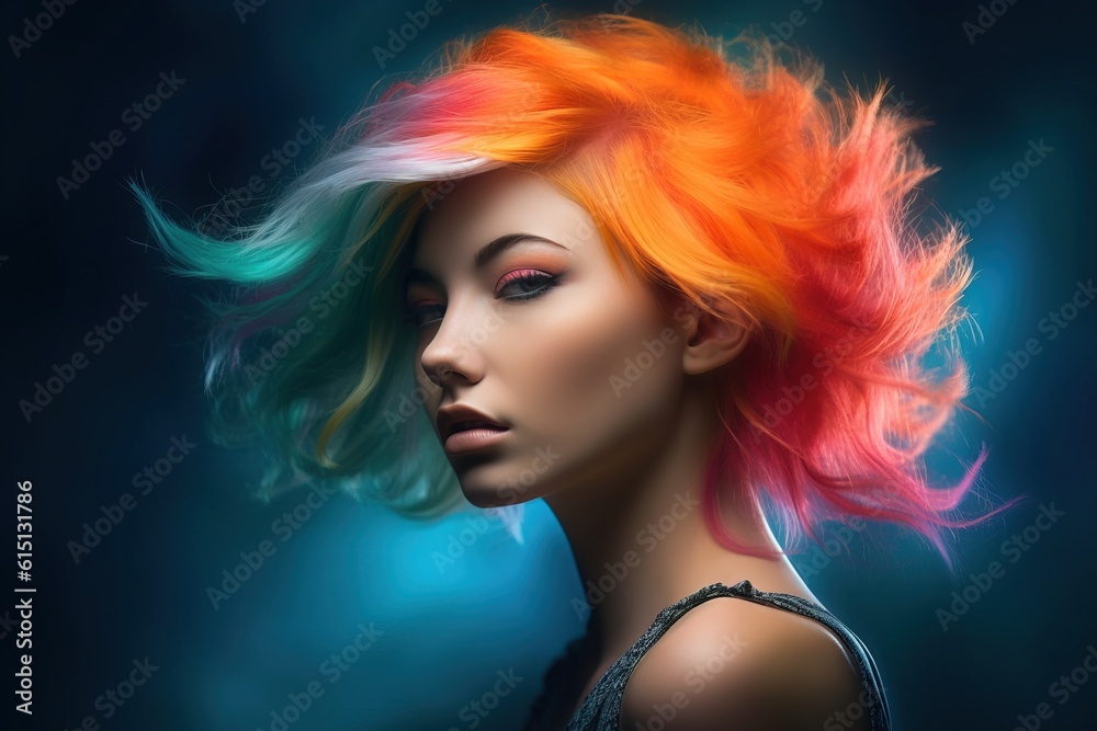 Naklejka premium Portrait of woman with bright colored flying hair. Professional hair coloring. Generative ai image