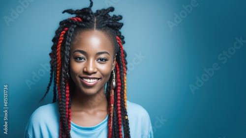 African american woman with dreadlocks. Blue background. Generative AI
