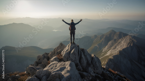 climber celebrating success on top of mountain ,generative ai © Leo