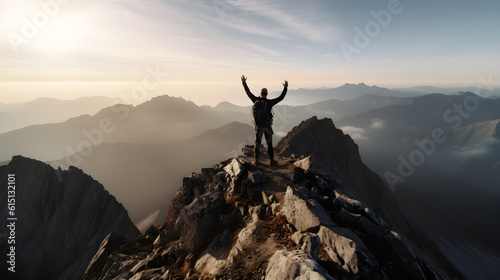 climber celebrating success on top of mountain ,generative ai