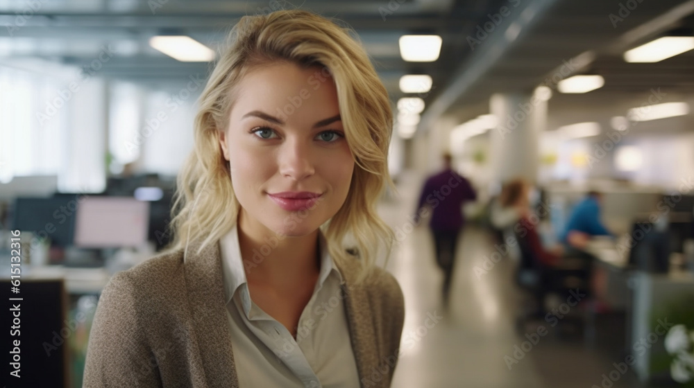 young adult woman, happy and satisfied, smiling, office, fictional location