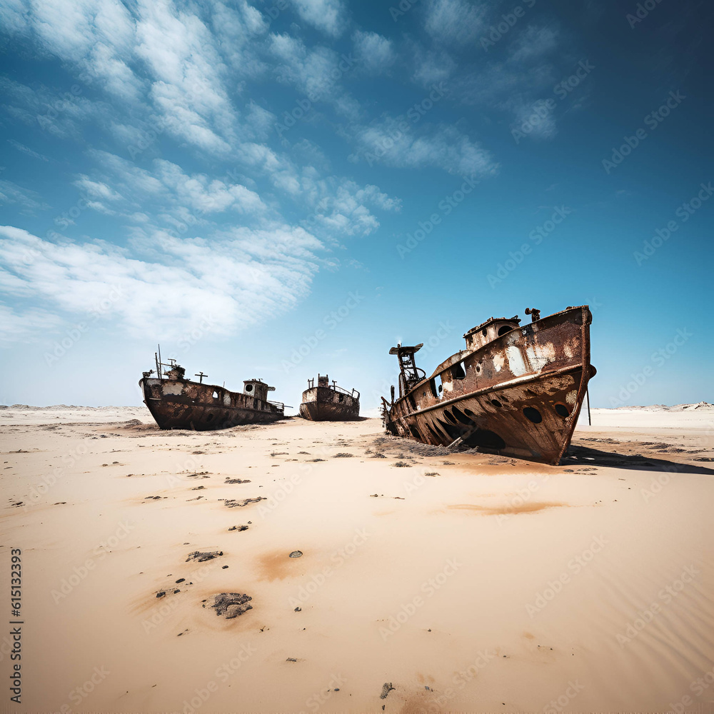 Skeletons of old rusty boats in desert area, blue sky 