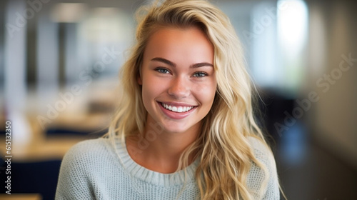 young adult woman, happy and satisfied, smiling, at home or office, fictional location
