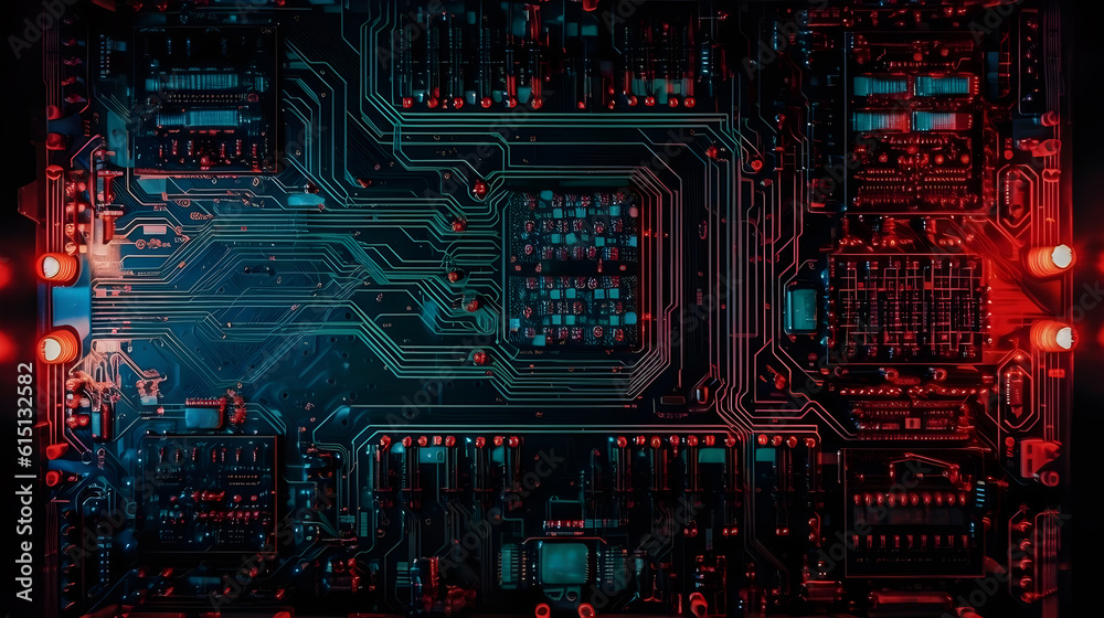 a computer circuit board with red and blue lights ,generative ai