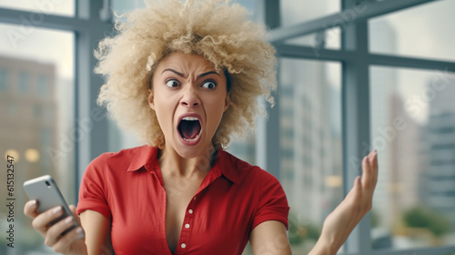 young adult woman, freaks out and complains, fictitious reason, holding a smartphone phone cellphone, on the phone or chatting or online, anger and annoyance and disappointment