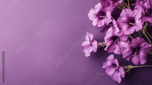 Minimalist purple petunias flowers background with copy space.