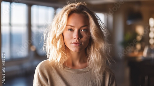 Wallpaper Mural young adult woman, caucasian, 20s, blonde, wearing a sweater, at home in the living room, everyday life and contentment and serenity Torontodigital.ca