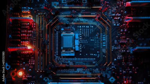 a computer circuit board with red and blue lights ,generative ai