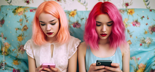 Two girls with bright hair use smartphons whilesitting on the sofa. Generative ai image photo