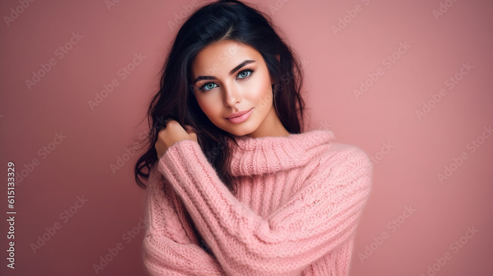 portrait young adult woman wears sweater, pink, dark black hair, 20s 30s portrait young adult woman wears sweater, pink, dark black hair, 20s 30s