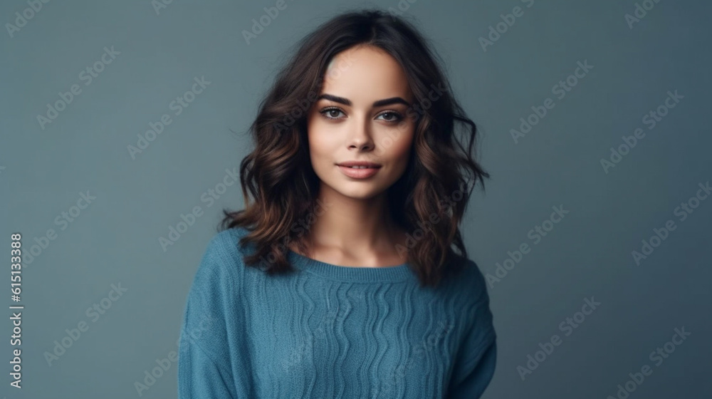 Fototapeta premium portrait young adult woman wears sweater, blue , brunette hair, 20s, 30s