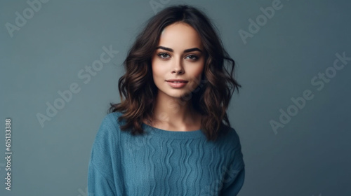 portrait young adult woman wears sweater, blue , brunette hair, 20s, 30s