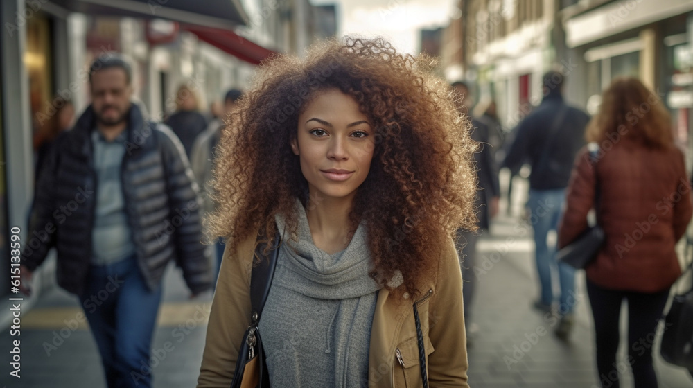 young adult woman strolling through town and shopping, side street shopping street, fictional place