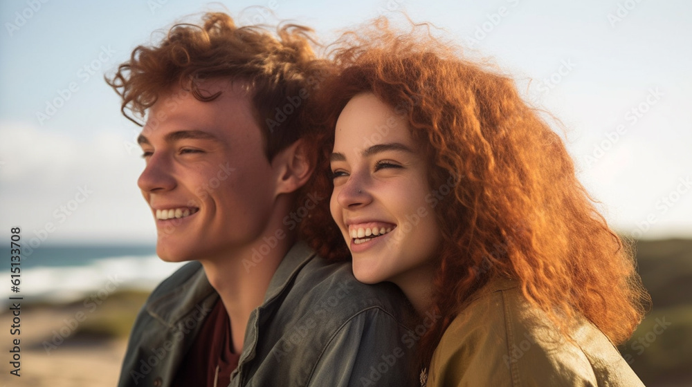 happy smiling man and women or teens on the beach, fictional place happy smiling man and women or teens on the beach, fictional place