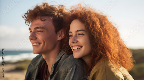 happy smiling man and women or teens on the beach, fictional place © wetzkaz