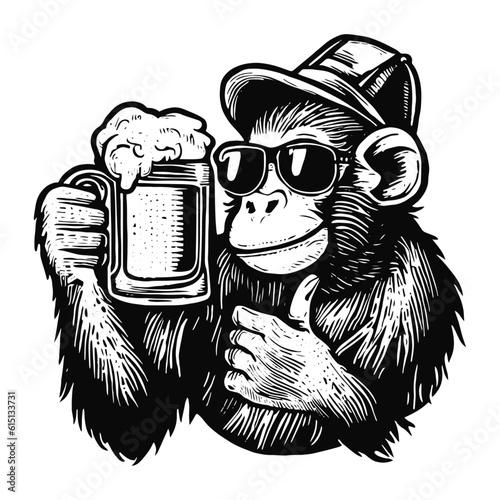 cool monkey wearing sunglasses and holding a beer mug