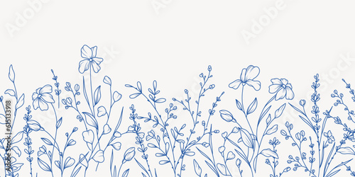 Obraz na plátně Botanical seamless border with trendy meadow greenery and flowers