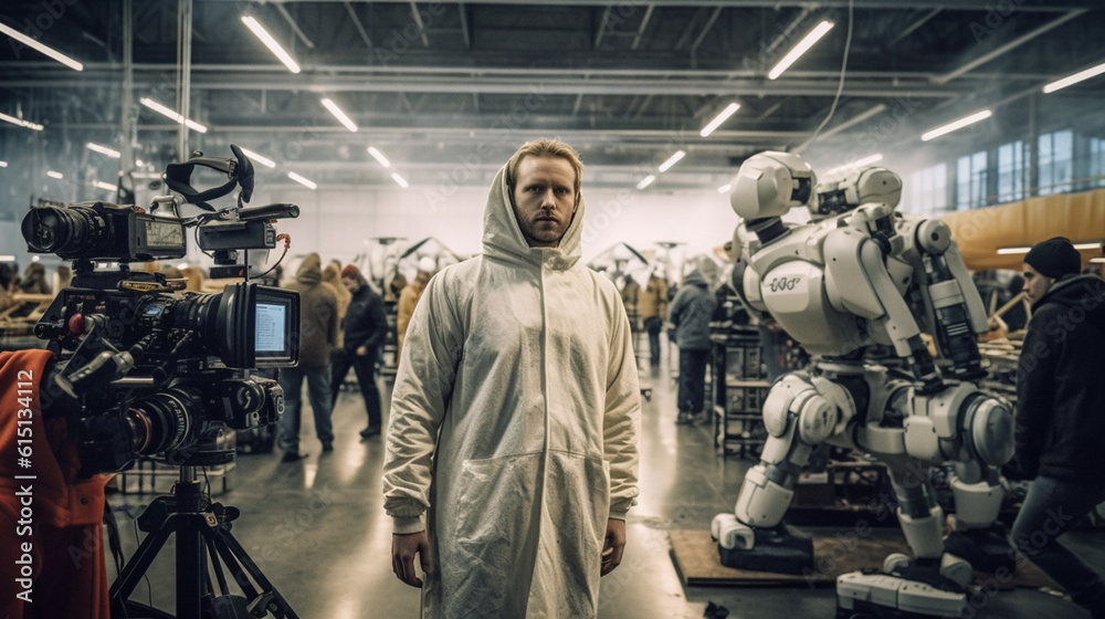 test and test run in robot development, man in over roll and video cameras, everyone preparing for a test run, development of robot and artificial intelligence AI or AGI test and test run in robot development, man in over roll and video cameras, everyone preparing for a test run, development of robot and artificial intelligence AI or AGI