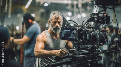 a muscular man  middle-aged  gray hair  gray beard is a cameraman on a shoot or recording  fictitious