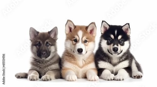 funny puppy german shepherd and cutie puppy husky group on white background. Generative ai