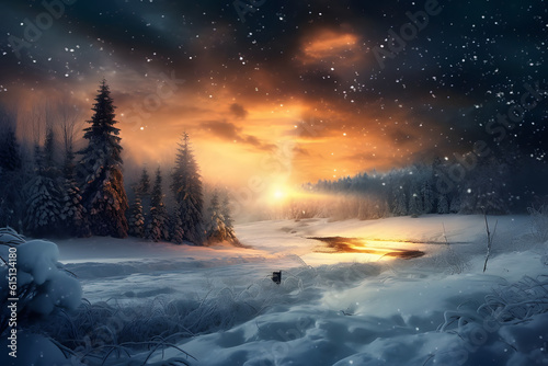 winter landscape covered in snow with glowing light