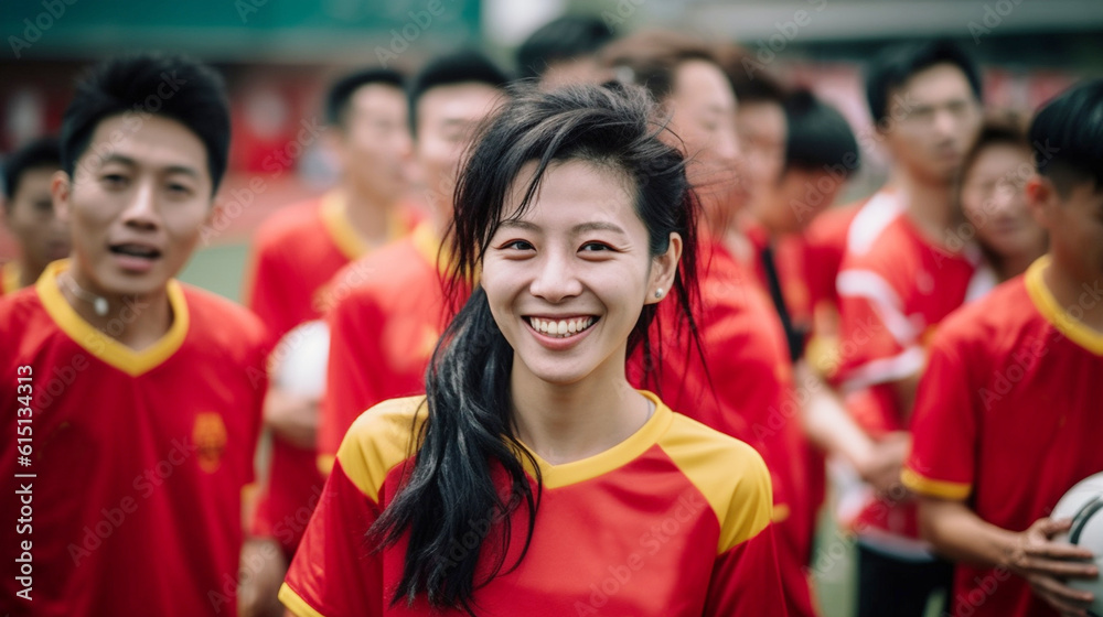 Fototapeta premium young adult woman and women and men sport club, soccer players, black, jersey, fun joy, waiting, soccer match, championship, group and team