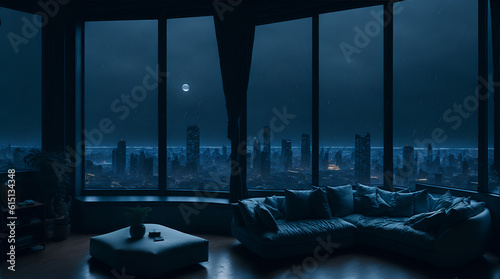 A Rainy Moonlit Masterpiece of a Post-Apocalyptic Megabuilding View from a Luxurious 4K Apartmen photo
