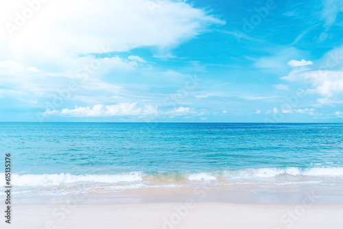 Beautiful tropical beach with blue sky and white clouds abstract texture background. Copy space of summer vacation and holiday business travel concept.