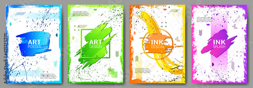 A set of bright backgrounds. Design of cover, poster, banner, postcard, greeting card. Brush strokes, paint splashes, ink, place for text. Color gradients on a white background. Vector illustration.