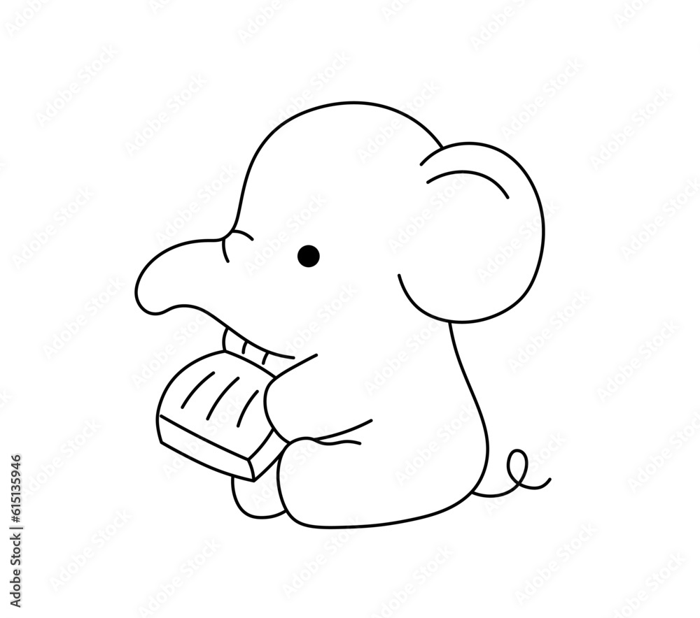 Fototapeta premium Vector isolated one single cute cartoon sitting elephant with book side view colorless black and white contour line easy drawing